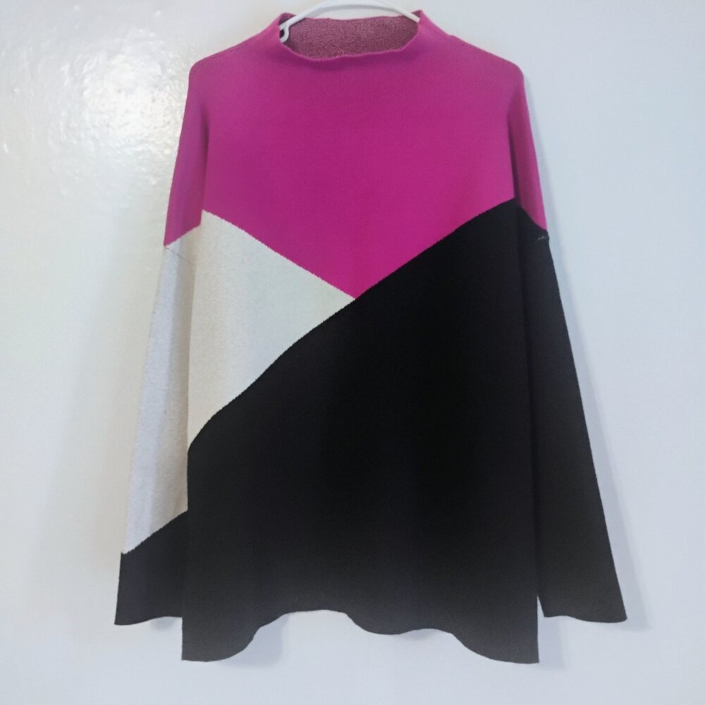 Tahari XL Colorblock Pullover Sweater Pink Black White Long Sleeve